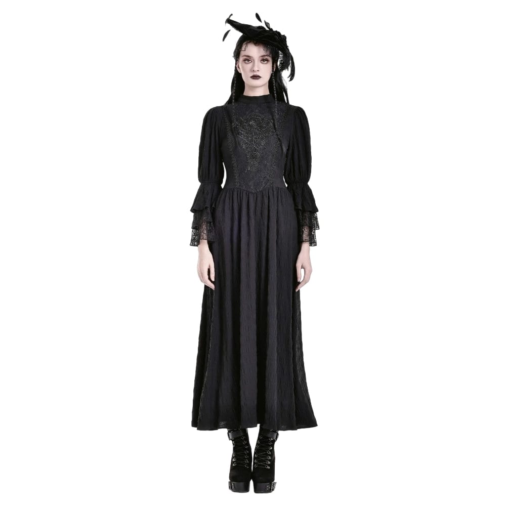Darkinlove Women's Gothic Mock Neck Guipure Lace Bell Sleeve Maxi Dress