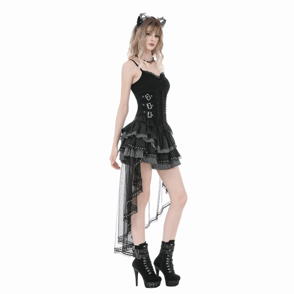 Canotta da donna gotica Darkinlove con spalline a fibbia multistrato e inserti in pizzo.