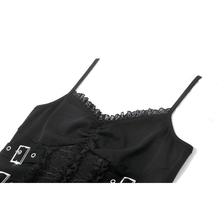 Canotta da donna gotica Darkinlove con spalline a fibbia multistrato e inserti in pizzo.
