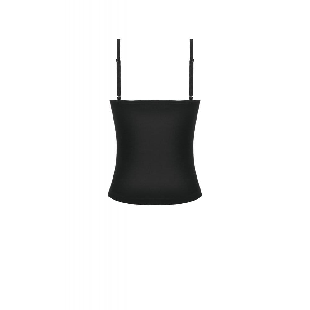 Canotta da donna gotica Darkinlove con spalline a fibbia multistrato e inserti in pizzo.