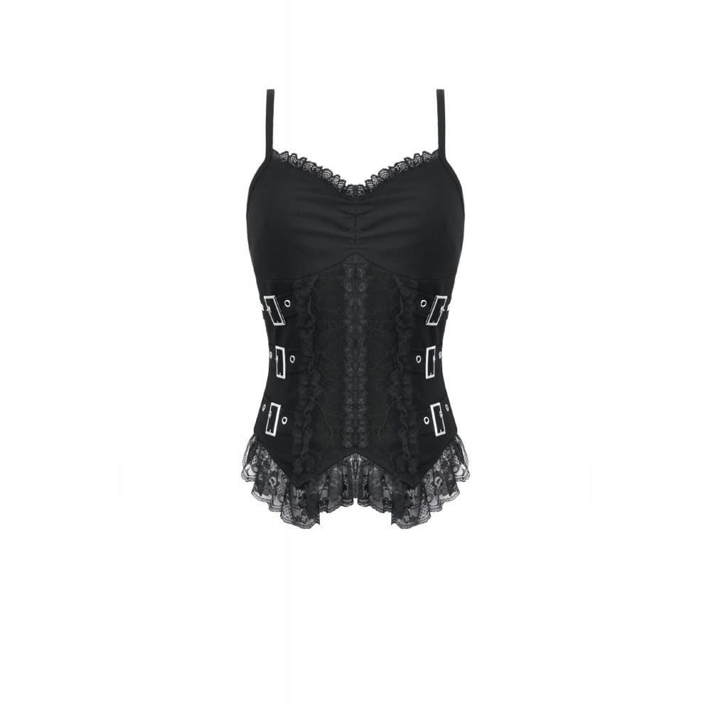 Canotta da donna gotica Darkinlove con spalline a fibbia multistrato e inserti in pizzo.