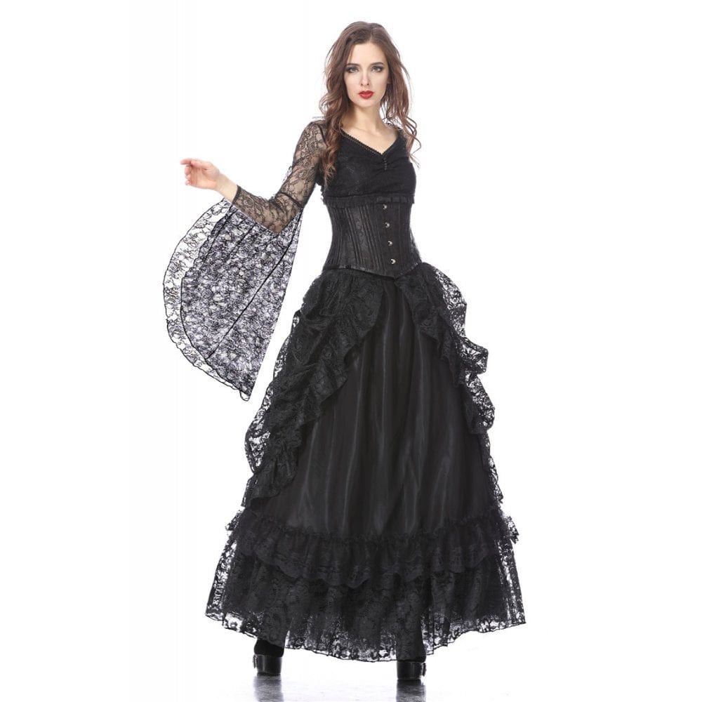 Darkinlove Women's Gothic Multilayer Lace Maxi Skirt