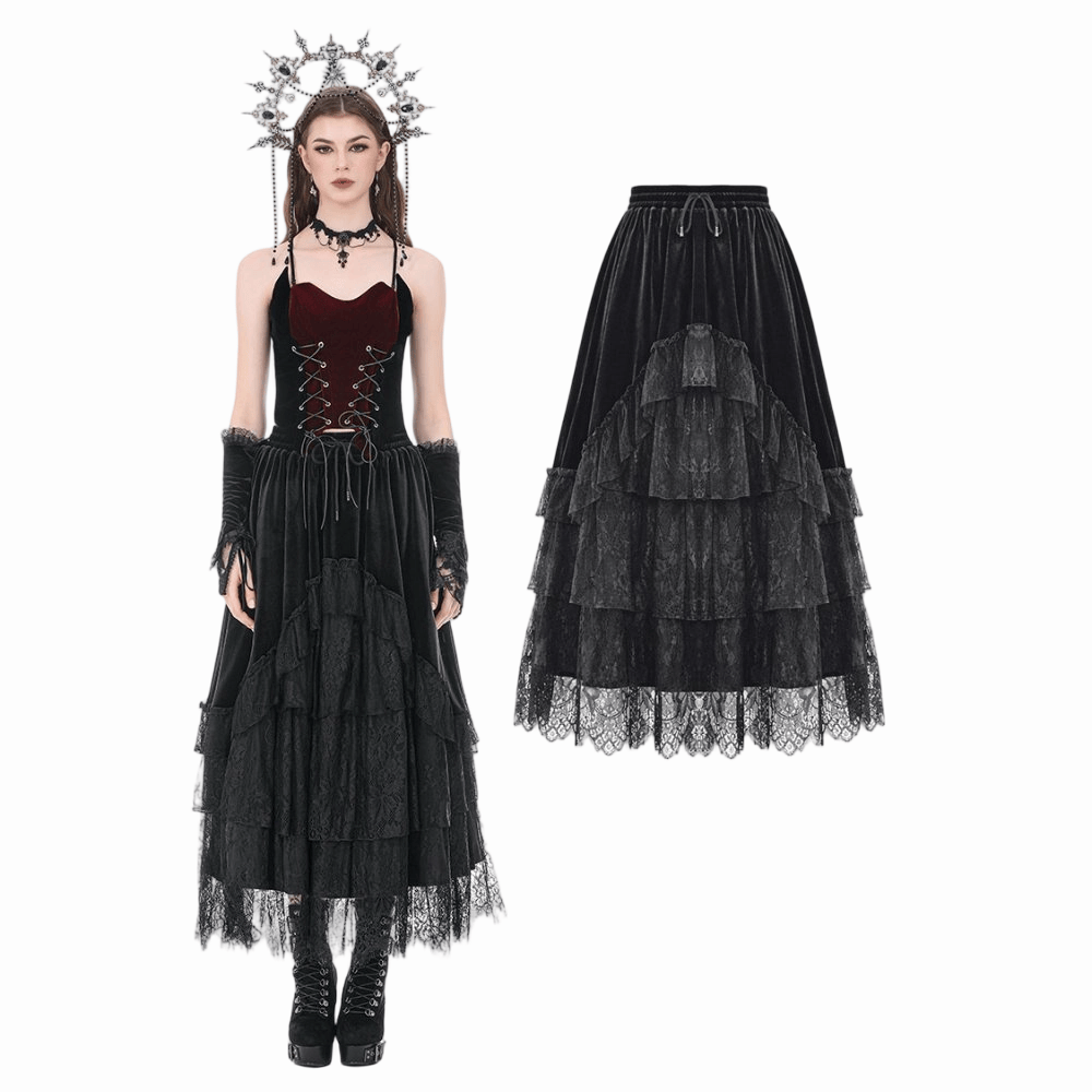 Darkinlove Women's Gothic Multilayer Lace Splice Ruffled Velvet Skirt