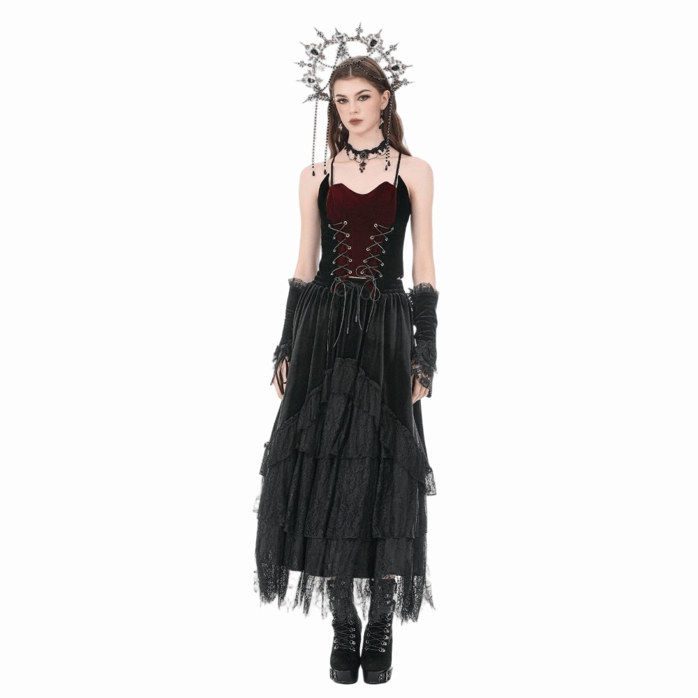 Darkinlove Women's Gothic Multilayer Lace Splice Ruffled Velvet Skirt