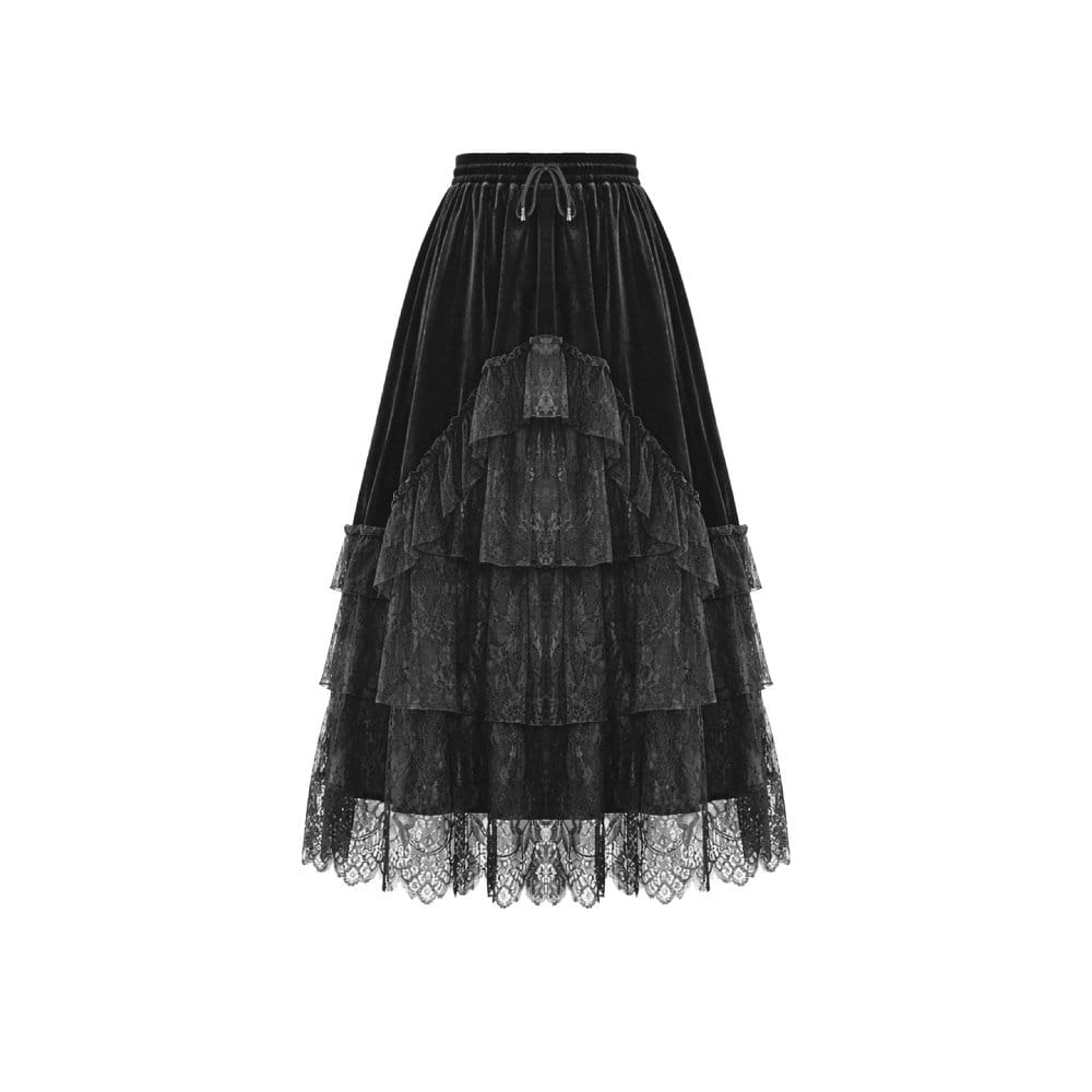 Darkinlove Women's Gothic Multilayer Lace Splice Ruffled Velvet Skirt