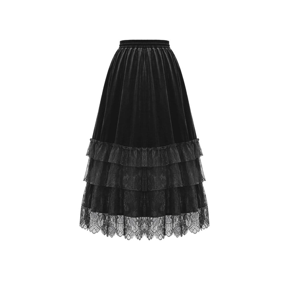 Darkinlove Women's Gothic Multilayer Lace Splice Ruffled Velvet Skirt