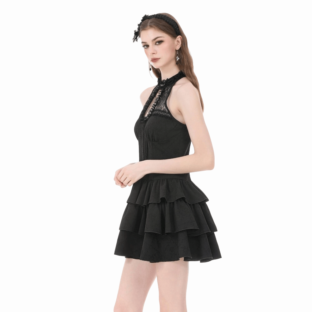 Darkinlove Women's Gothic Multilayer Ruffled Cutout Halter Dress