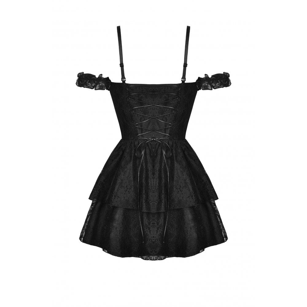 Darkinlove Women's Gothic Off Shoulder Dark Red Floral Lace Slip Dress