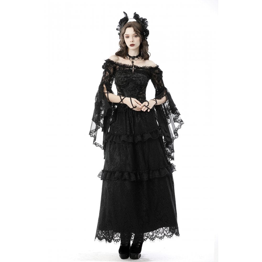 Darkinlove Women's Gothic Off Shoulder Flare Sleeved Floral Mesh Cape