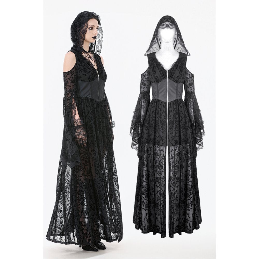Women's Gothic Off-shoulder Flare Sleeved Hooded Maxi Dress Black Punk Design Women's Gothic Off-shoulder Flare Sleeved Hooded Maxi Dress Black Punk Design