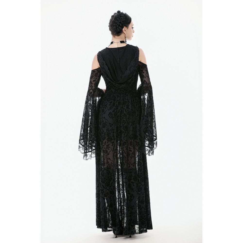 Darkinlove Women's Gothic Off-shoulder Flare Sleeved Hooded Maxi Dress Black