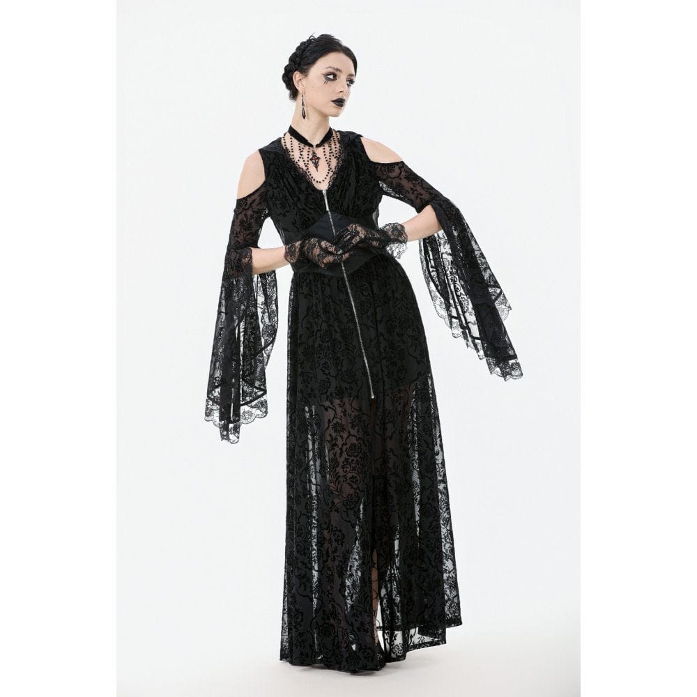 Darkinlove Women's Gothic Off-shoulder Flare Sleeved Hooded Maxi Dress Black