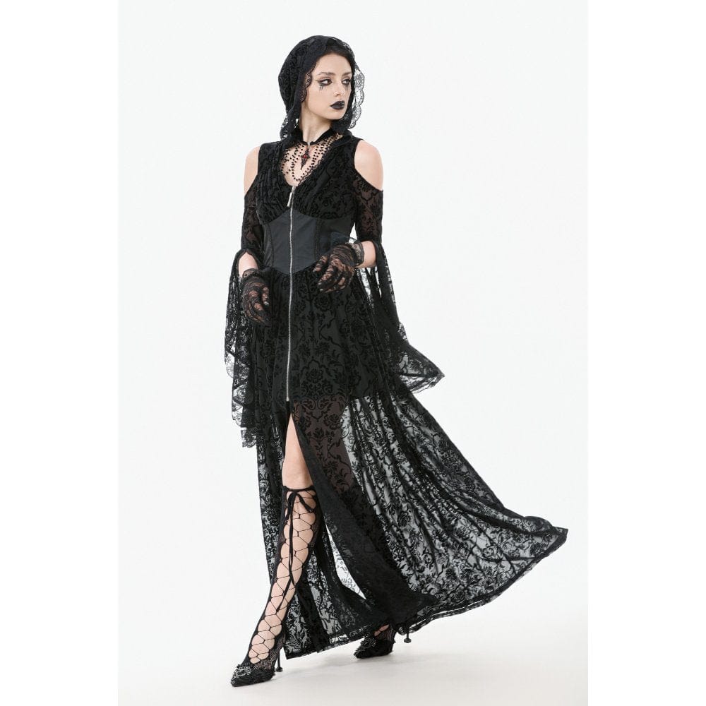 Darkinlove Women's Gothic Off-shoulder Flare Sleeved Hooded Maxi Dress Black
