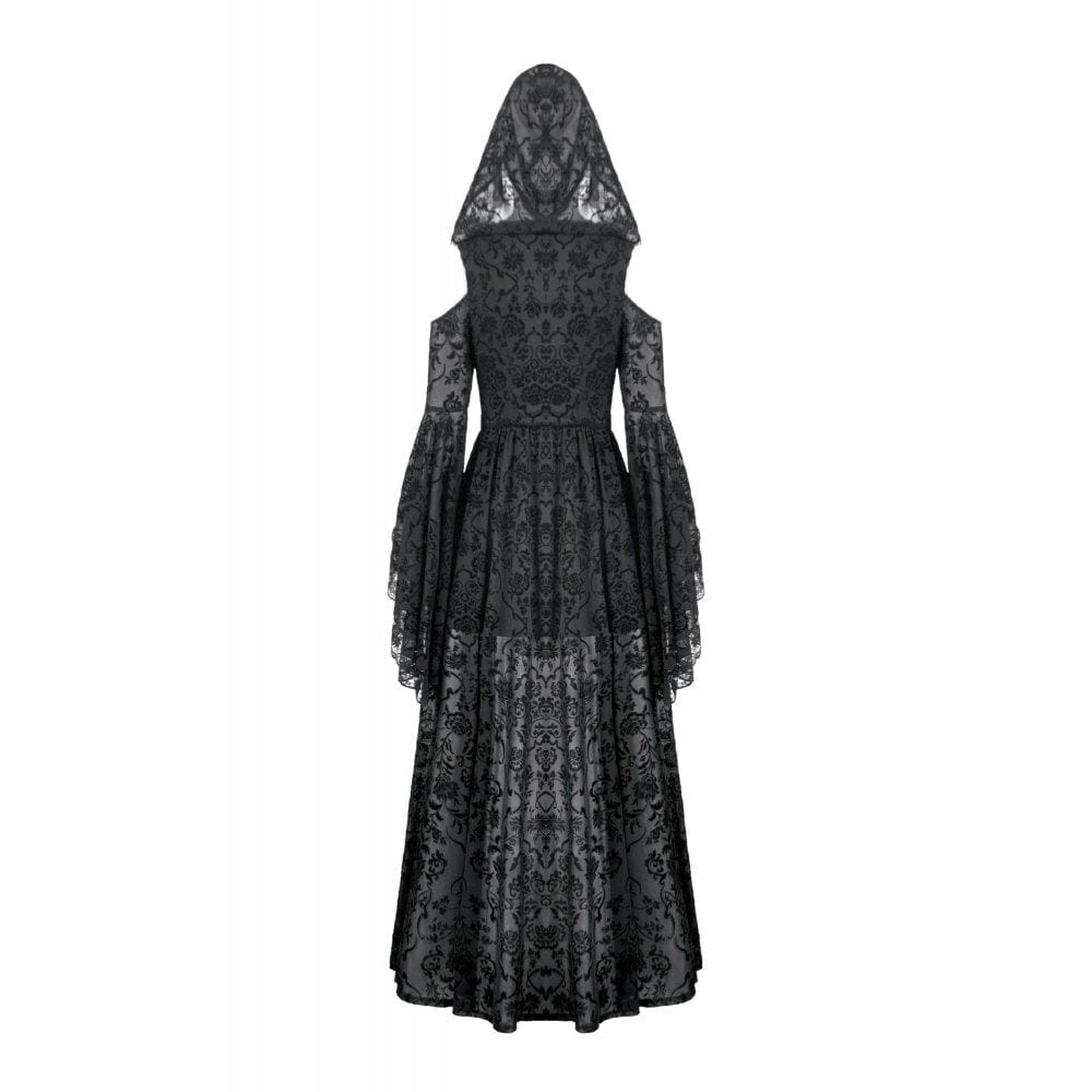 Darkinlove Women's Gothic Off-shoulder Flare Sleeved Hooded Maxi Dress Black