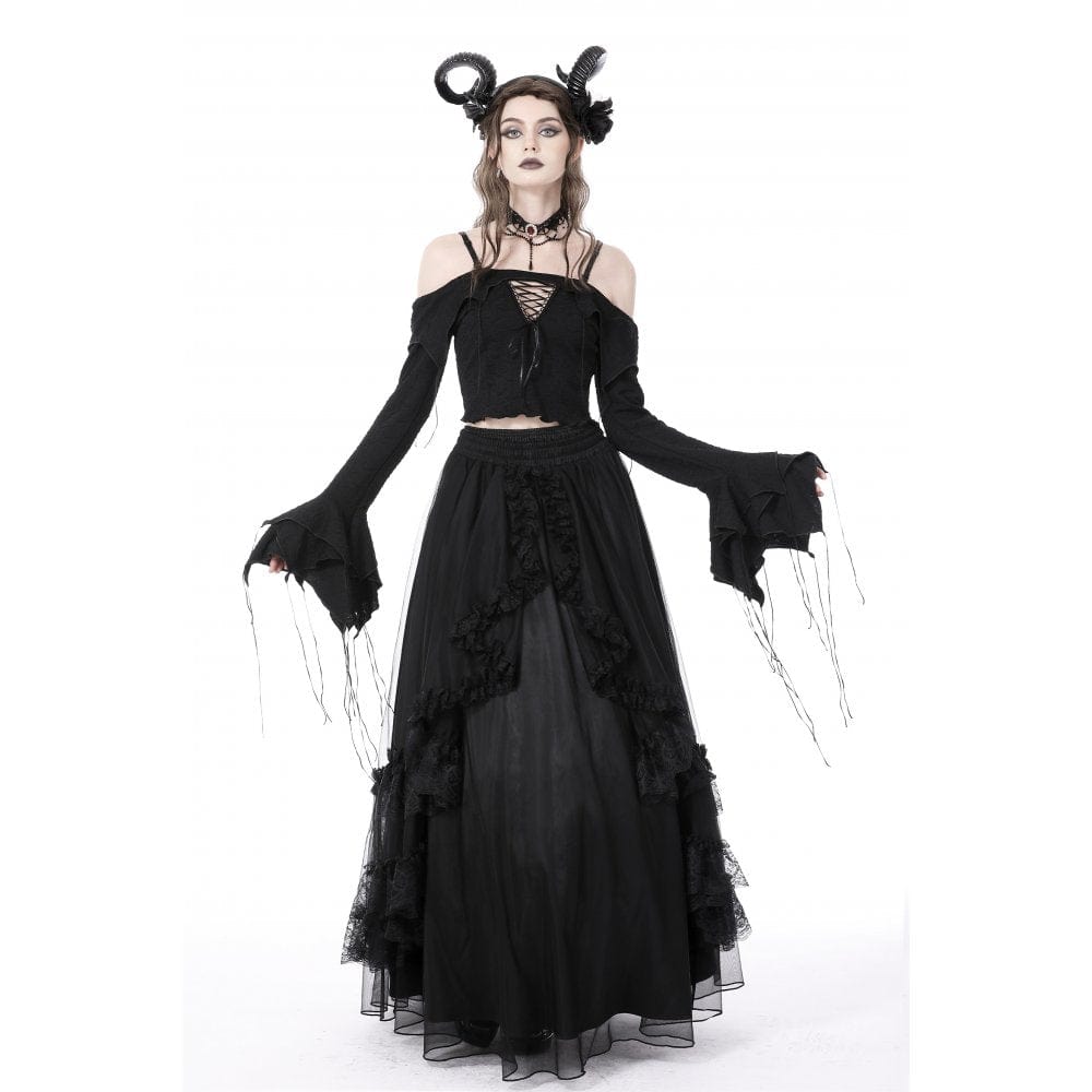 Darkinlove Women's Gothic Off Shoulder Flared Sleeved Crop Top