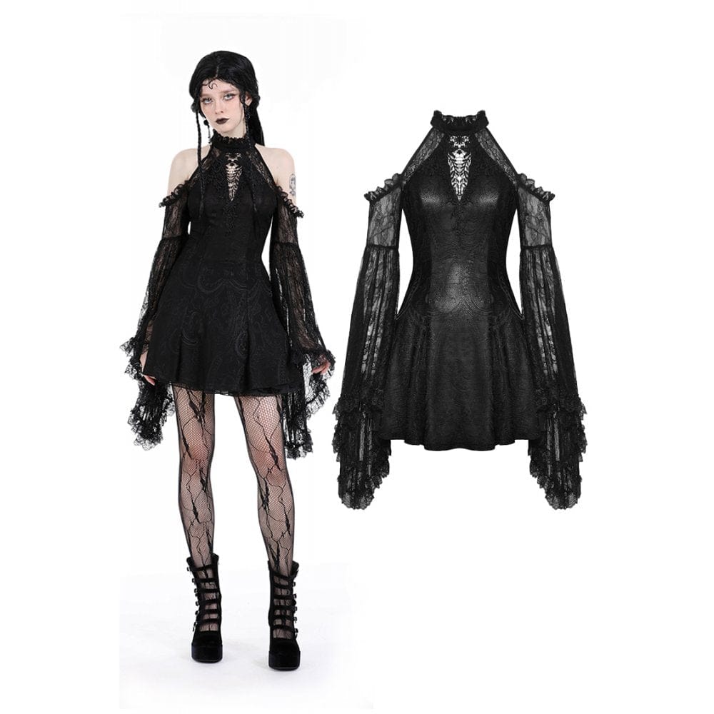 Darkinlove Women's Gothic Off Shoulder Lace Flared Sleeved Dress