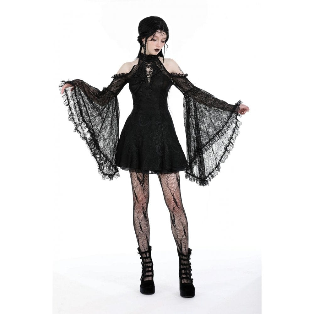 Darkinlove Women's Gothic Off Shoulder Lace Flared Sleeved Dress