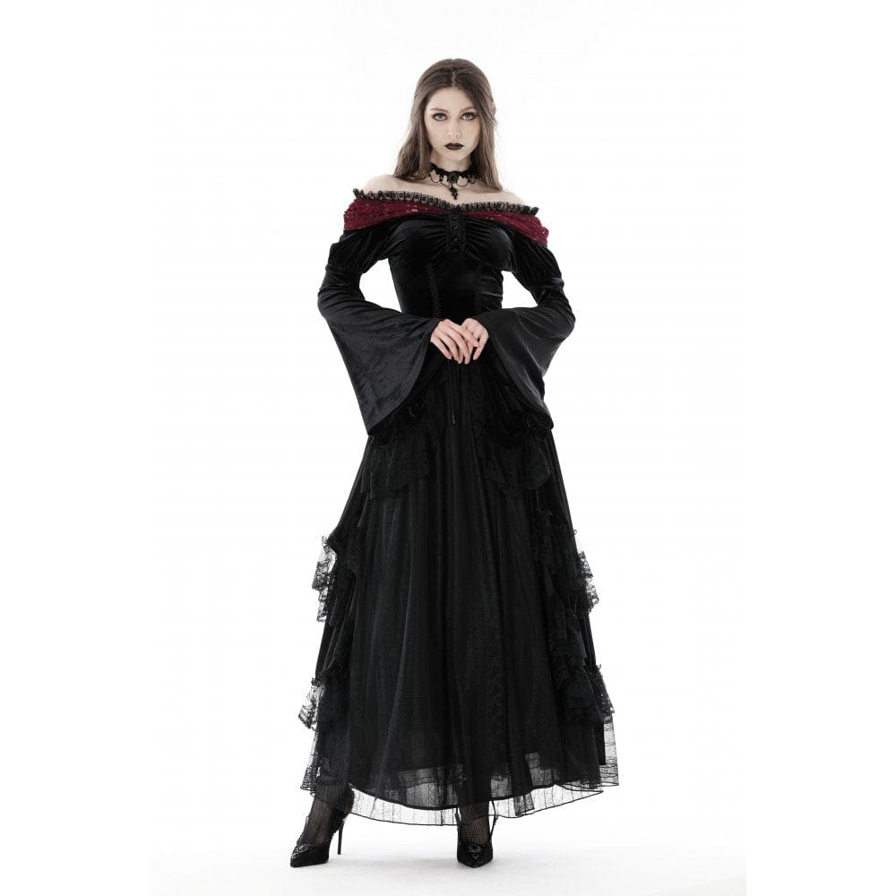 Darkinlove Women's Gothic Off Shoulder Lace Splice Velvet Crop Top
