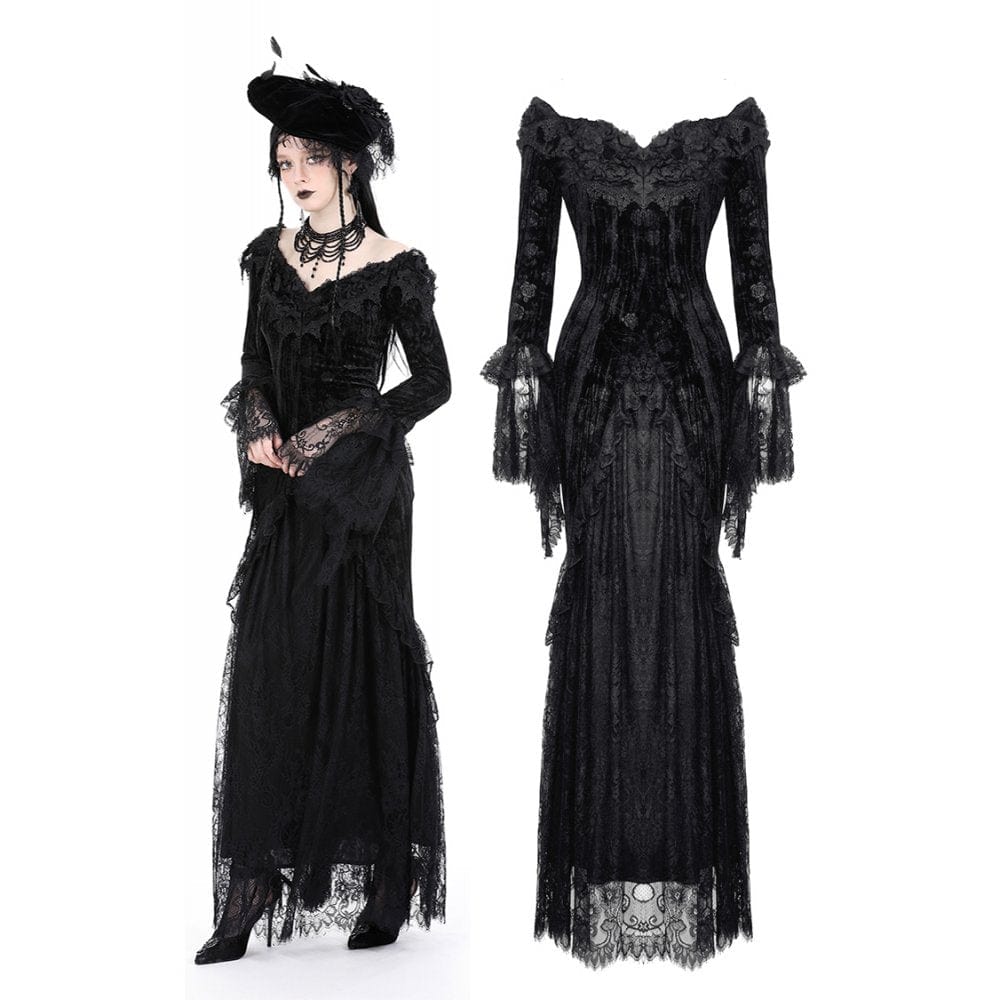 Darkinlove Women's Gothic Off Shoulder Lace Splice Velvet Dress