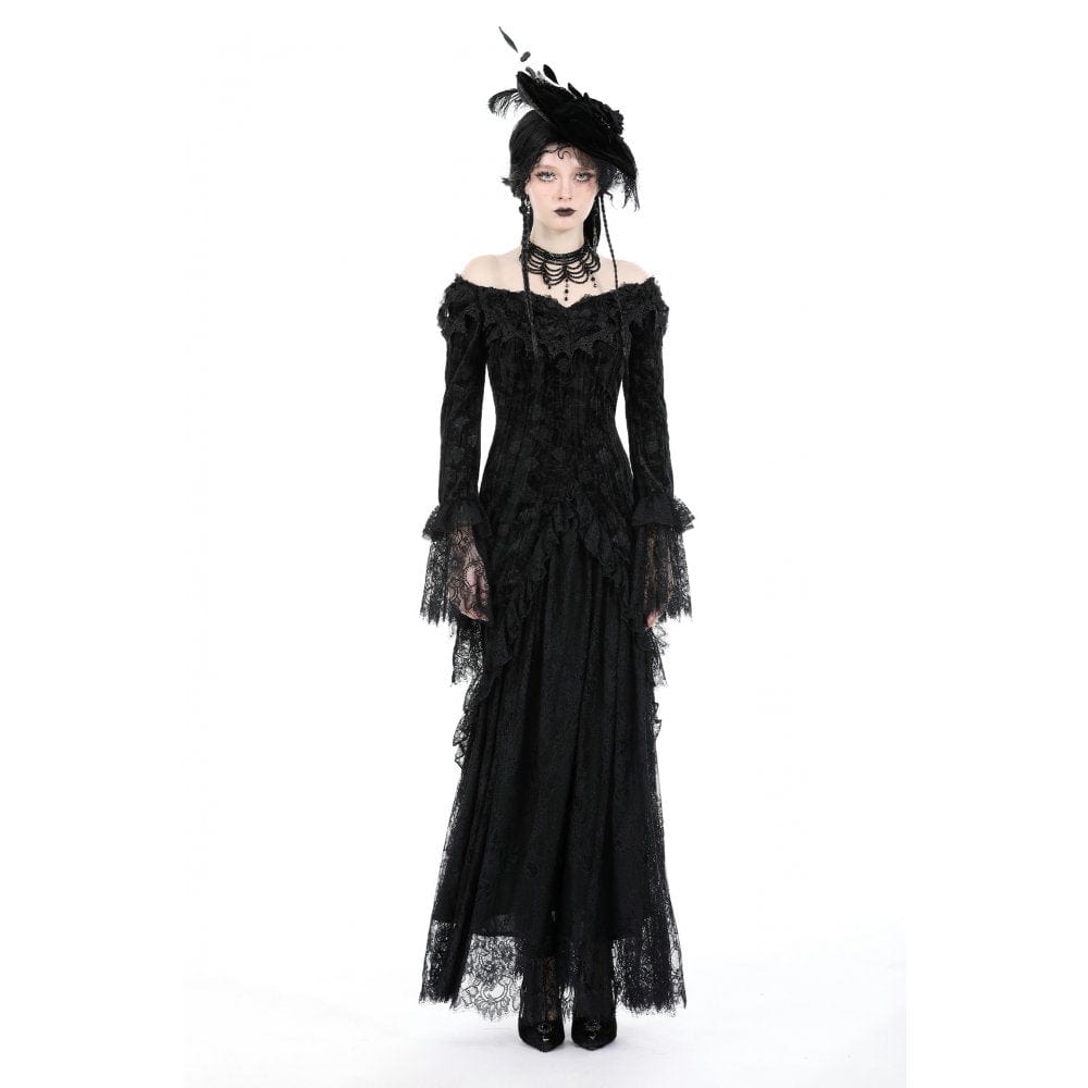 Darkinlove Women's Gothic Off Shoulder Lace Splice Velvet Dress