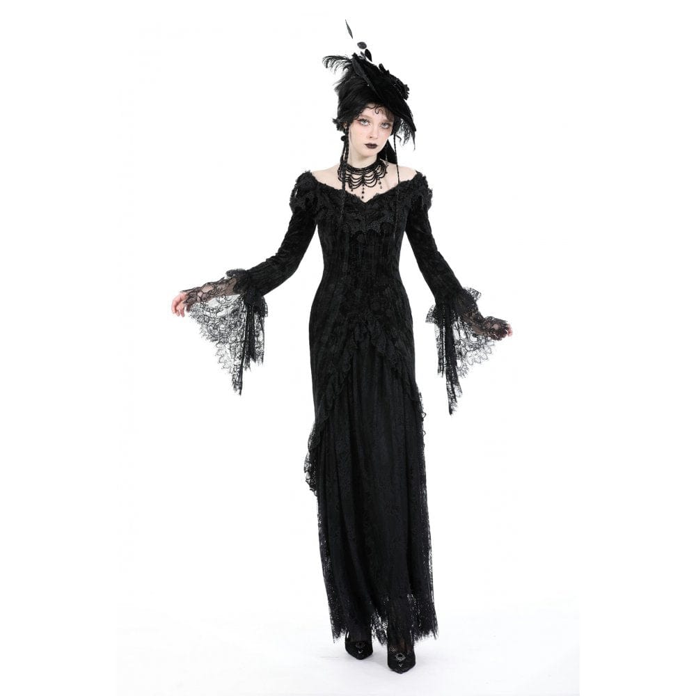 Darkinlove Women's Gothic Off Shoulder Lace Splice Velvet Dress