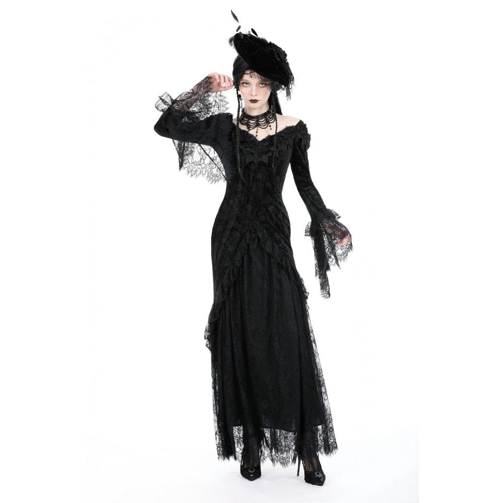 Darkinlove Women's Gothic Off Shoulder Lace Splice Velvet Dress