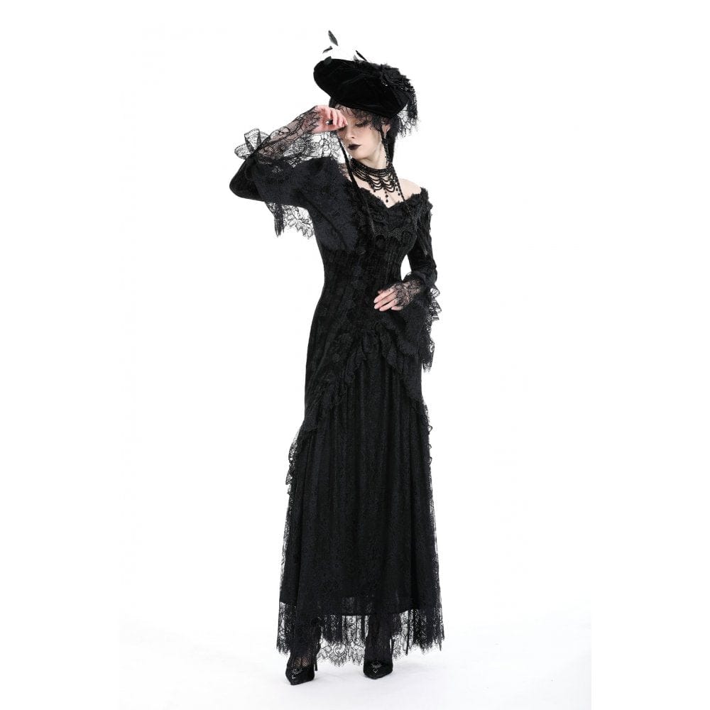 Darkinlove Women's Gothic Off Shoulder Lace Splice Velvet Dress