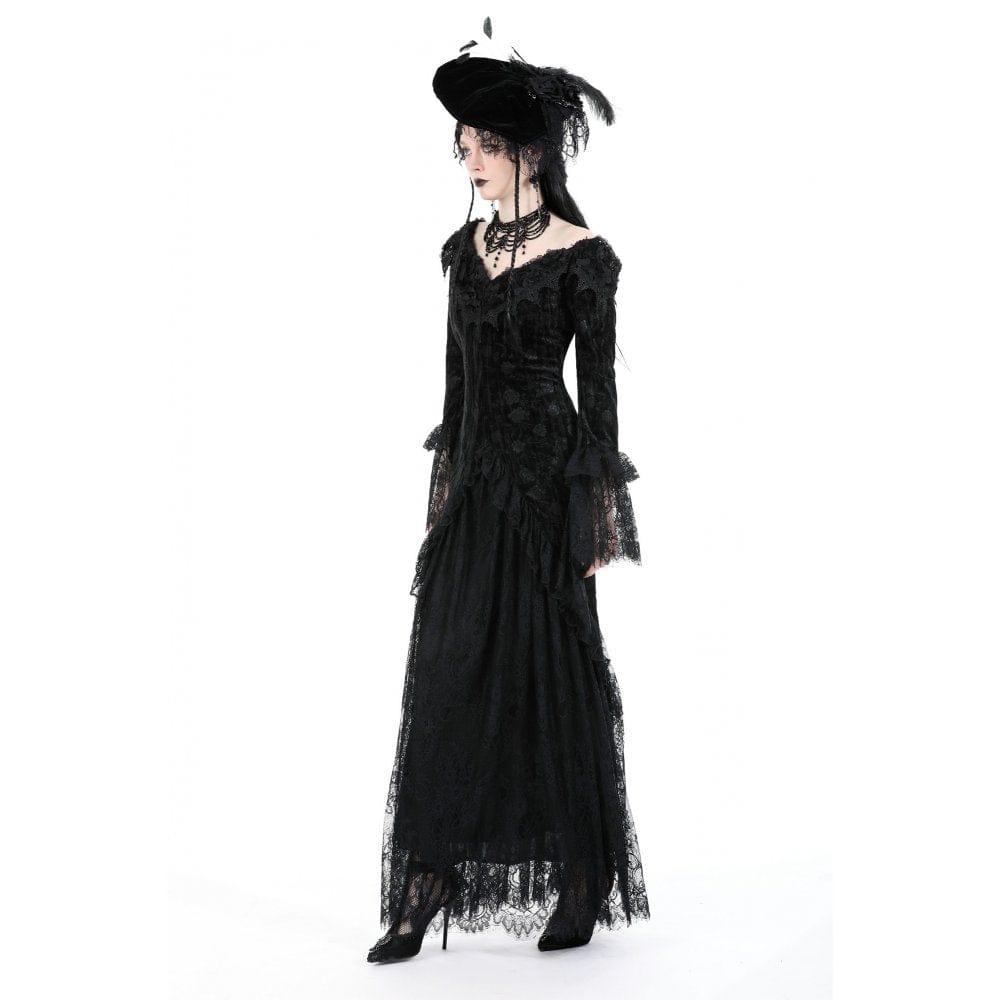 Darkinlove Women's Gothic Off Shoulder Lace Splice Velvet Dress