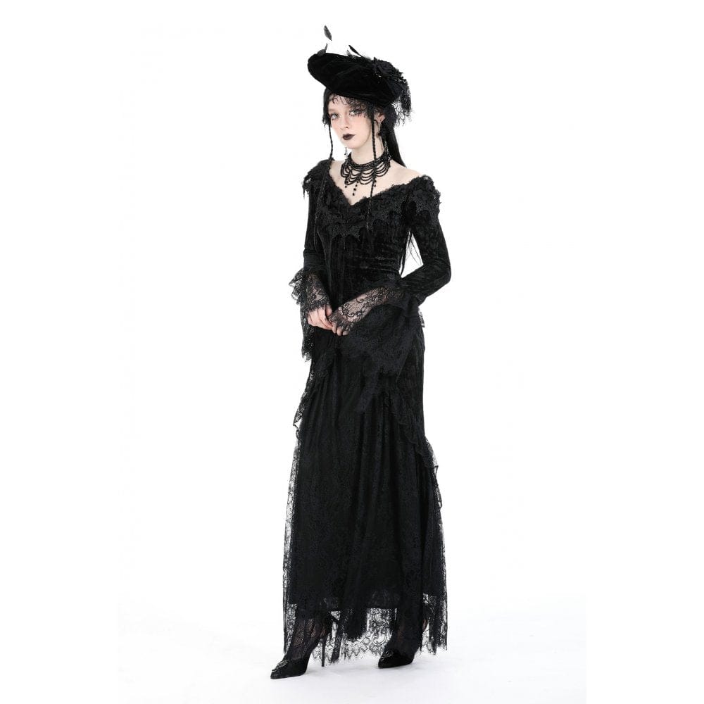 Darkinlove Women's Gothic Off Shoulder Lace Splice Velvet Dress