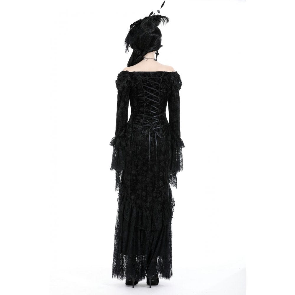 Darkinlove Women's Gothic Off Shoulder Lace Splice Velvet Dress