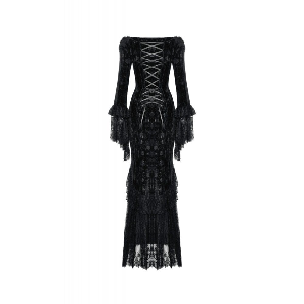 Darkinlove Women's Gothic Off Shoulder Lace Splice Velvet Dress