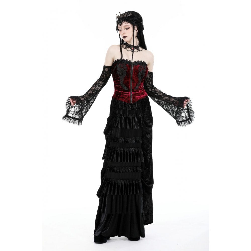 Darkinlove Women's Gothic Off Shoulder Lace Splice Velvet Top