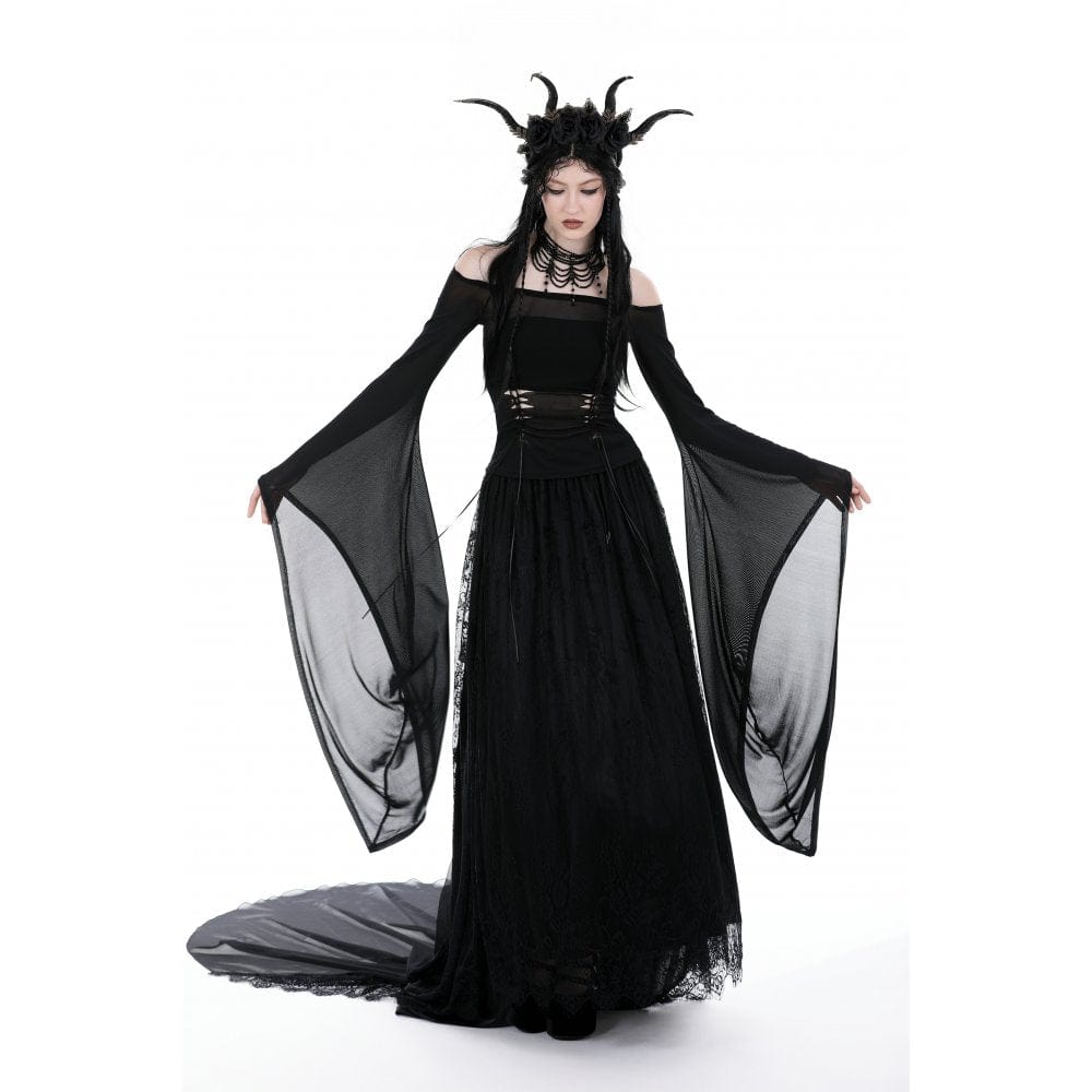 Darkinlove Damen Gothic Off Shoulder Lace-up Mesh Bluse