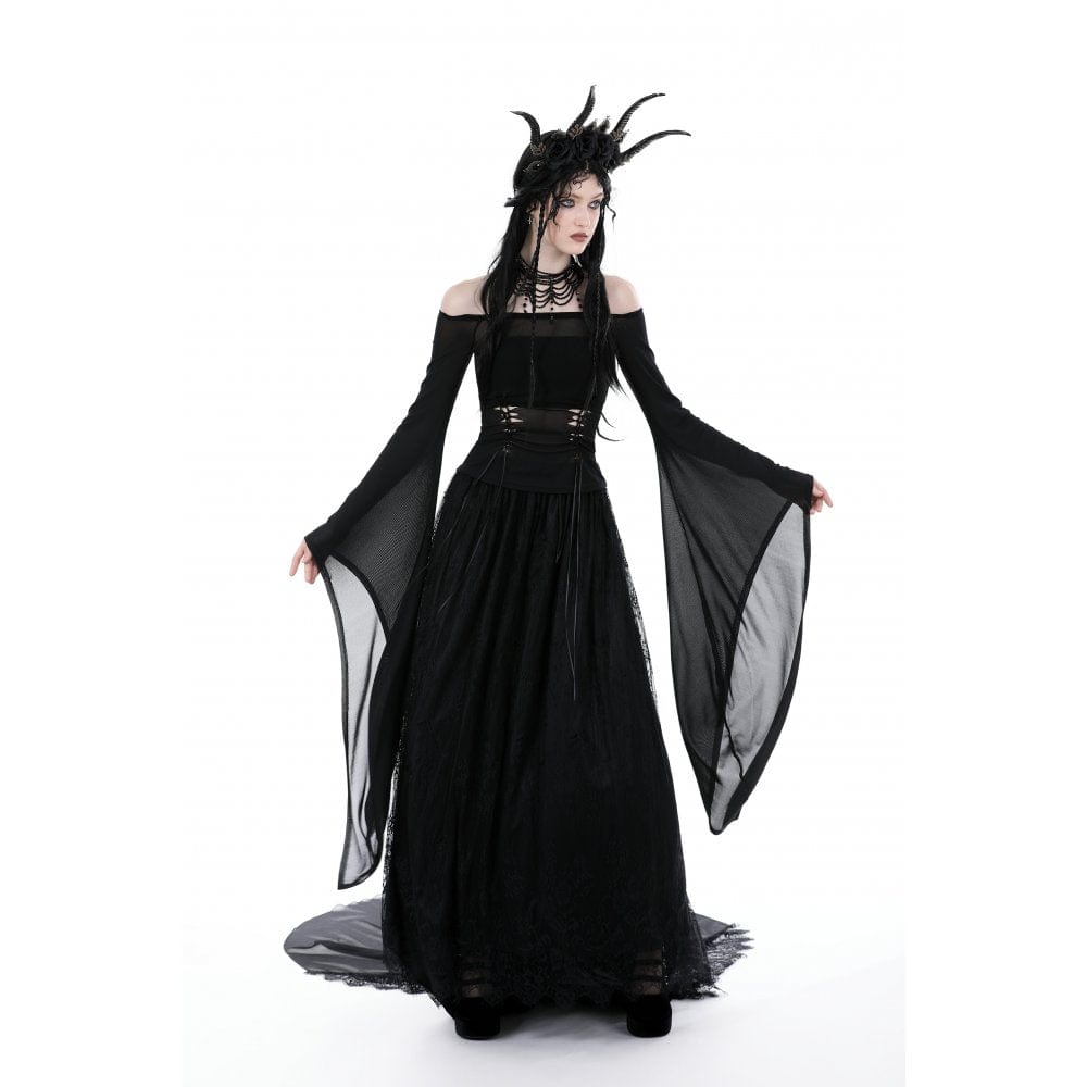 Darkinlove Damen Gothic Off Shoulder Lace-up Mesh Bluse