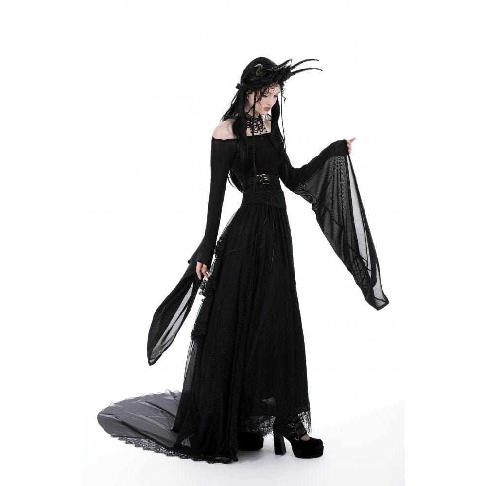 Darkinlove Damen Gothic Off Shoulder Lace-up Mesh Bluse