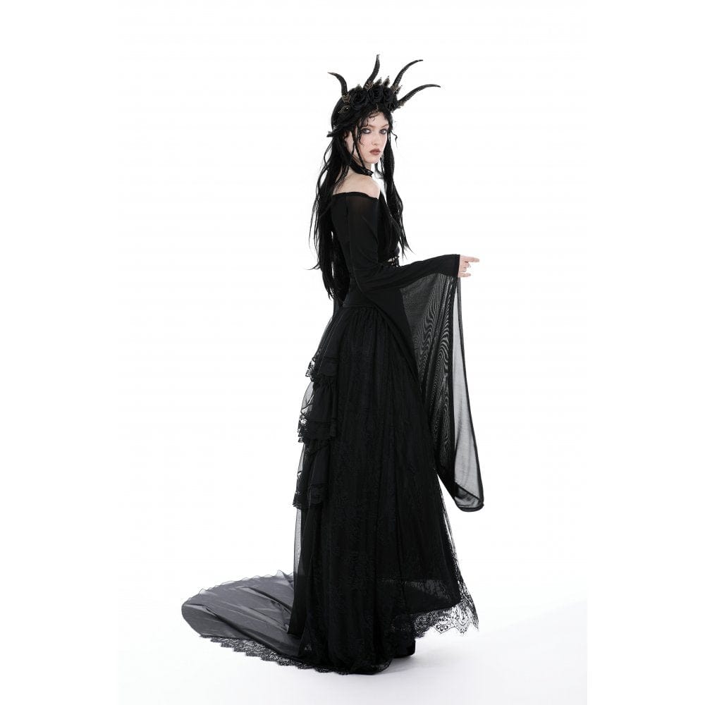 Darkinlove Damen Gothic Off Shoulder Lace-up Mesh Bluse