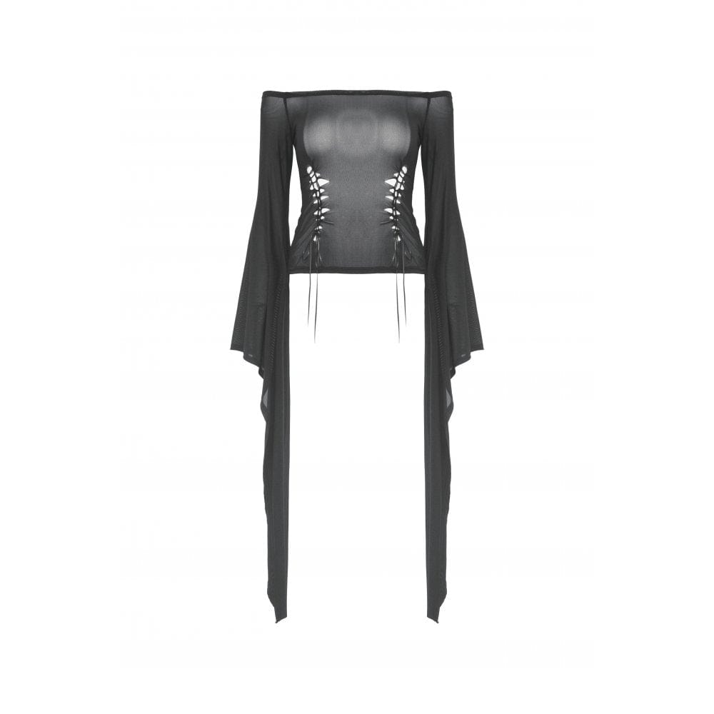 Darkinlove Damen Gothic Off Shoulder Lace-up Mesh Bluse