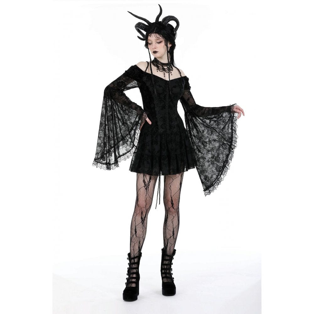 Darkinlove Women's Gothic Off Shoulder Velvet Splice Mesh Dress