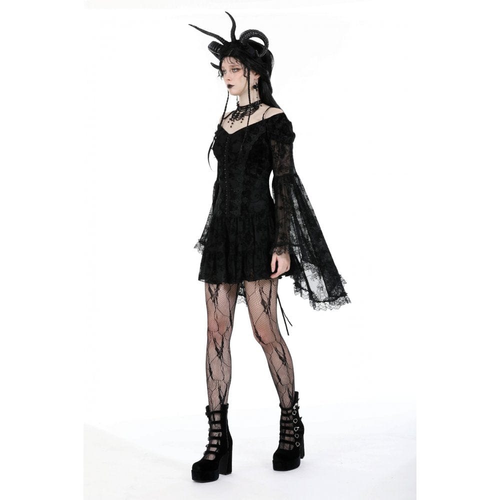 Darkinlove Women's Gothic Off Shoulder Velvet Splice Mesh Dress