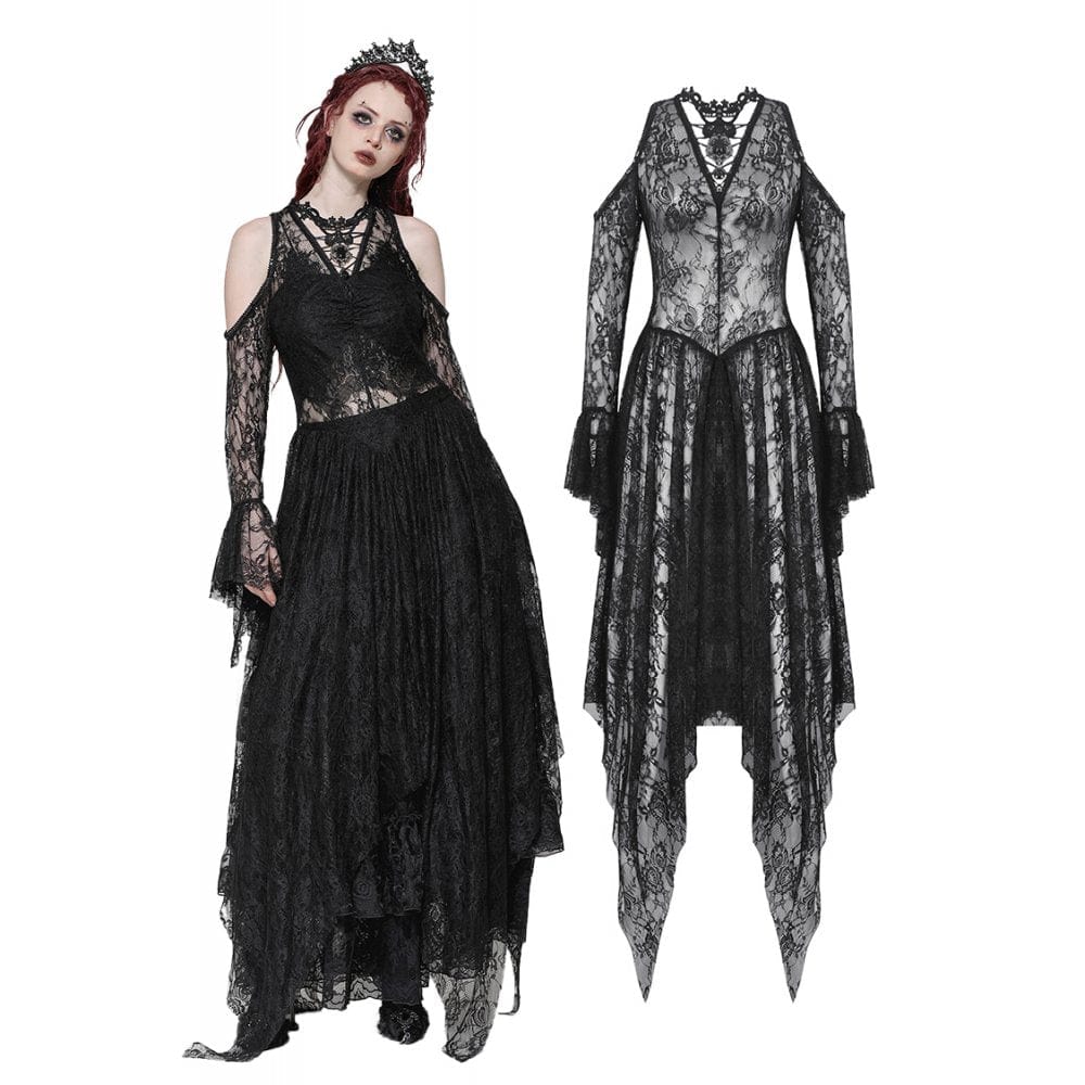 Darkinlove Women's Gothic Off-the-Shoulder Irregular Lace Dress