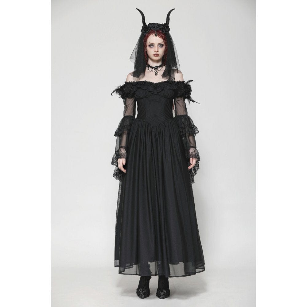 Darkinlove Women's Gothic Off-the-Shoulder Lace Splice Ball Gown Dress
