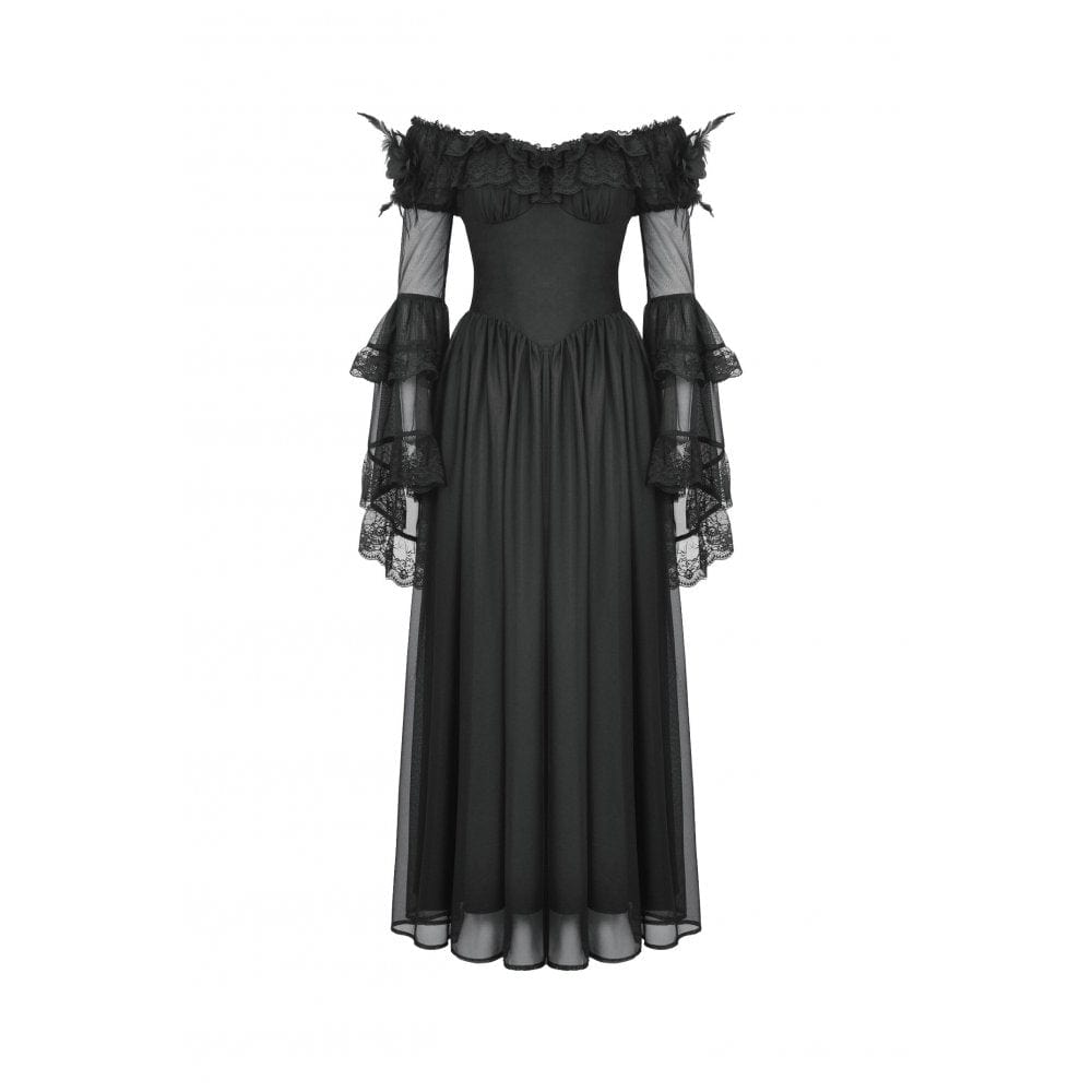 Darkinlove Women's Gothic Off-the-Shoulder Lace Splice Ball Gown Dress