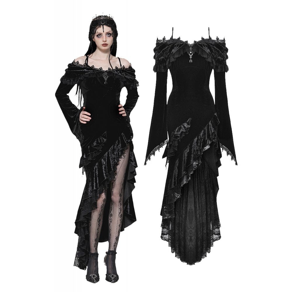 Darkinlove Women's Gothic Off-the-Shoulder Ruffled Fishtailed Gown Dress