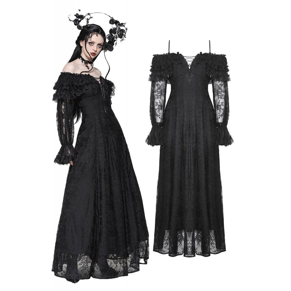 Darkinlove Women's Gothic Off-the-Shoulder Ruffled Lace Splice Prom Dress