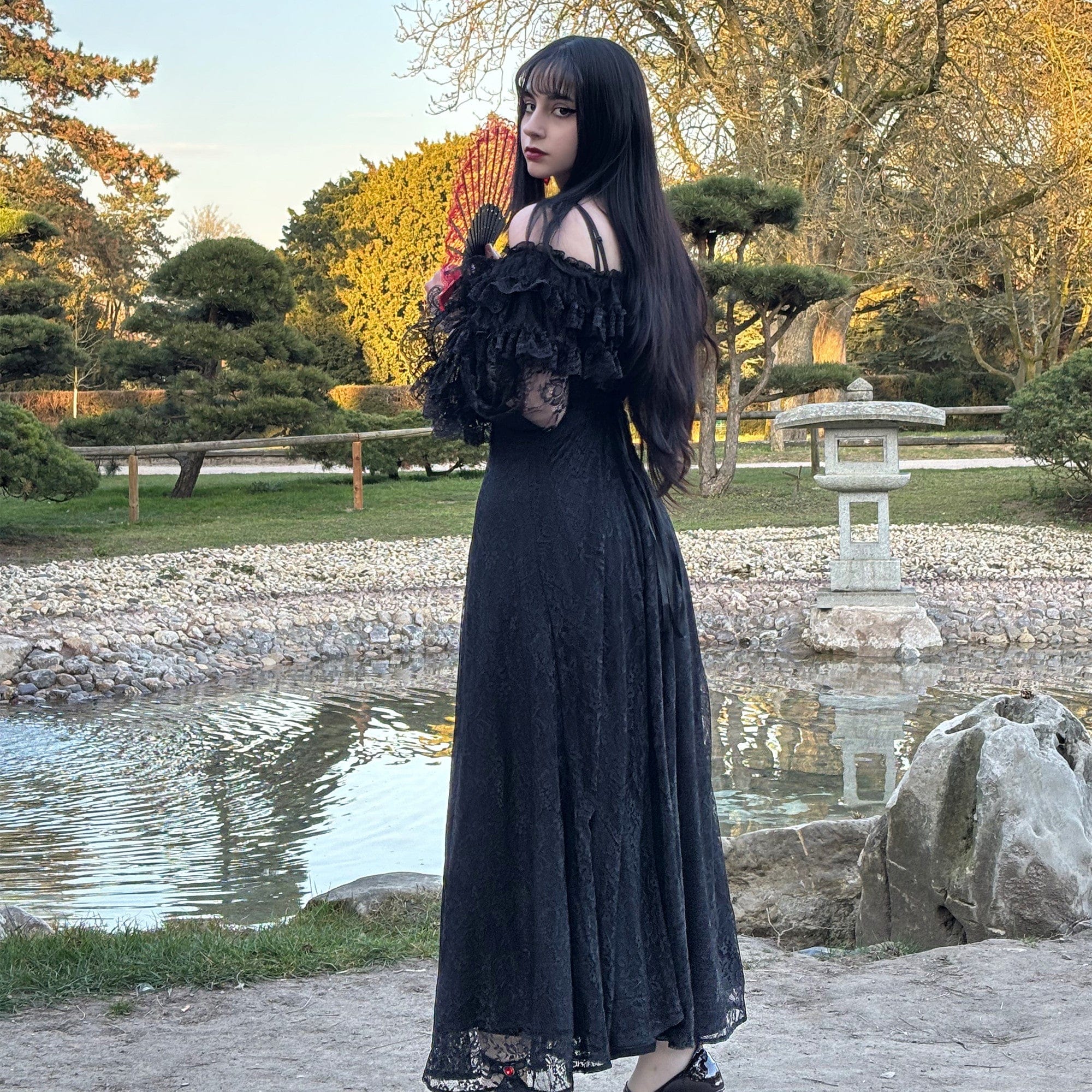 Darkinlove Women's Gothic Off-the-Shoulder Ruffled Lace Splice Prom Dress