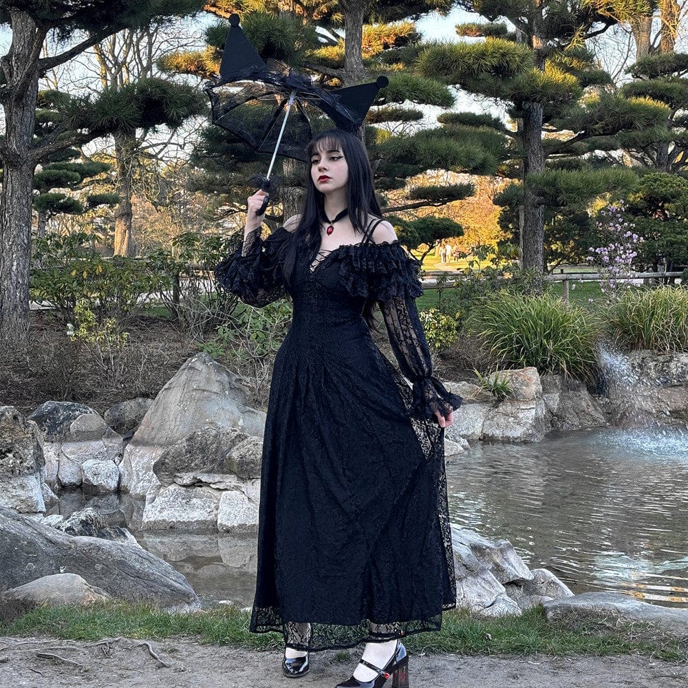 Darkinlove Women's Gothic Off-the-Shoulder Ruffled Lace Splice Prom Dress