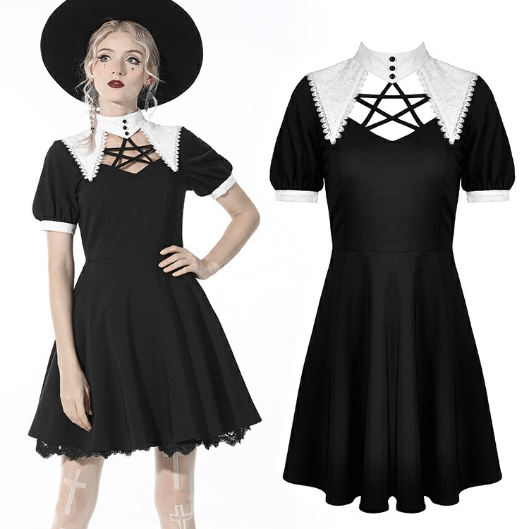 Darkinlove Women's Gothic Pentagram Cutout Black Pleated Dress