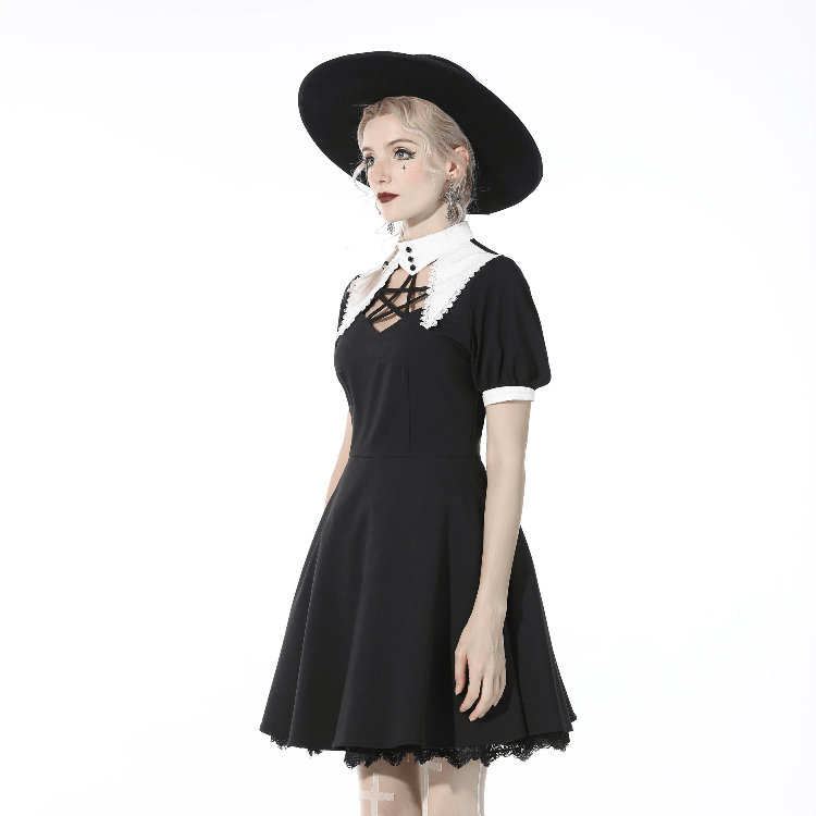 Darkinlove Women's Gothic Pentagram Cutout Black Pleated Dress