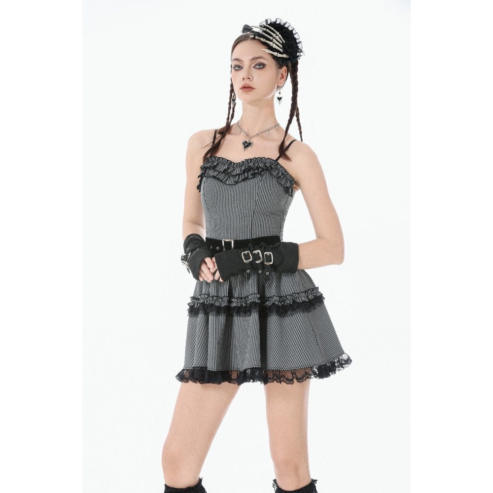 Darkinlove Women's Gothic Pinstripe Multilayer Falbala Slip Dress