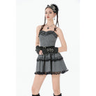 Darkinlove Women's Gothic Pinstripe Multilayer Falbala Slip Dress